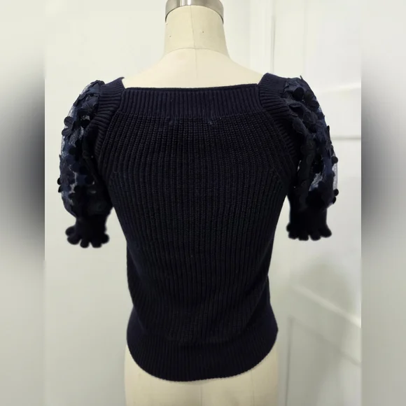 Industry Women's Navy Knit Top with Floral Sleeves Size S - Picture 4 of 10